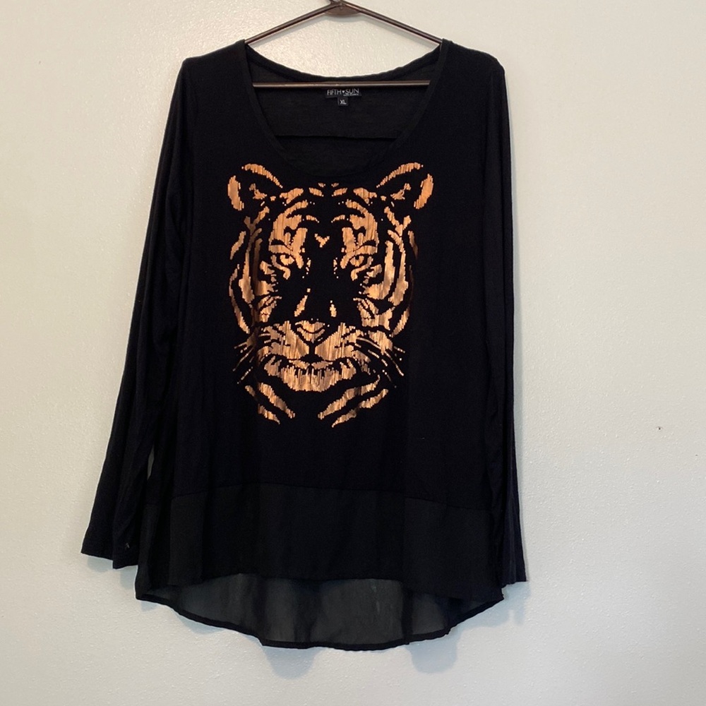 Fifth Sun Black Long Sleeve Top with Copper Tiger Graphic